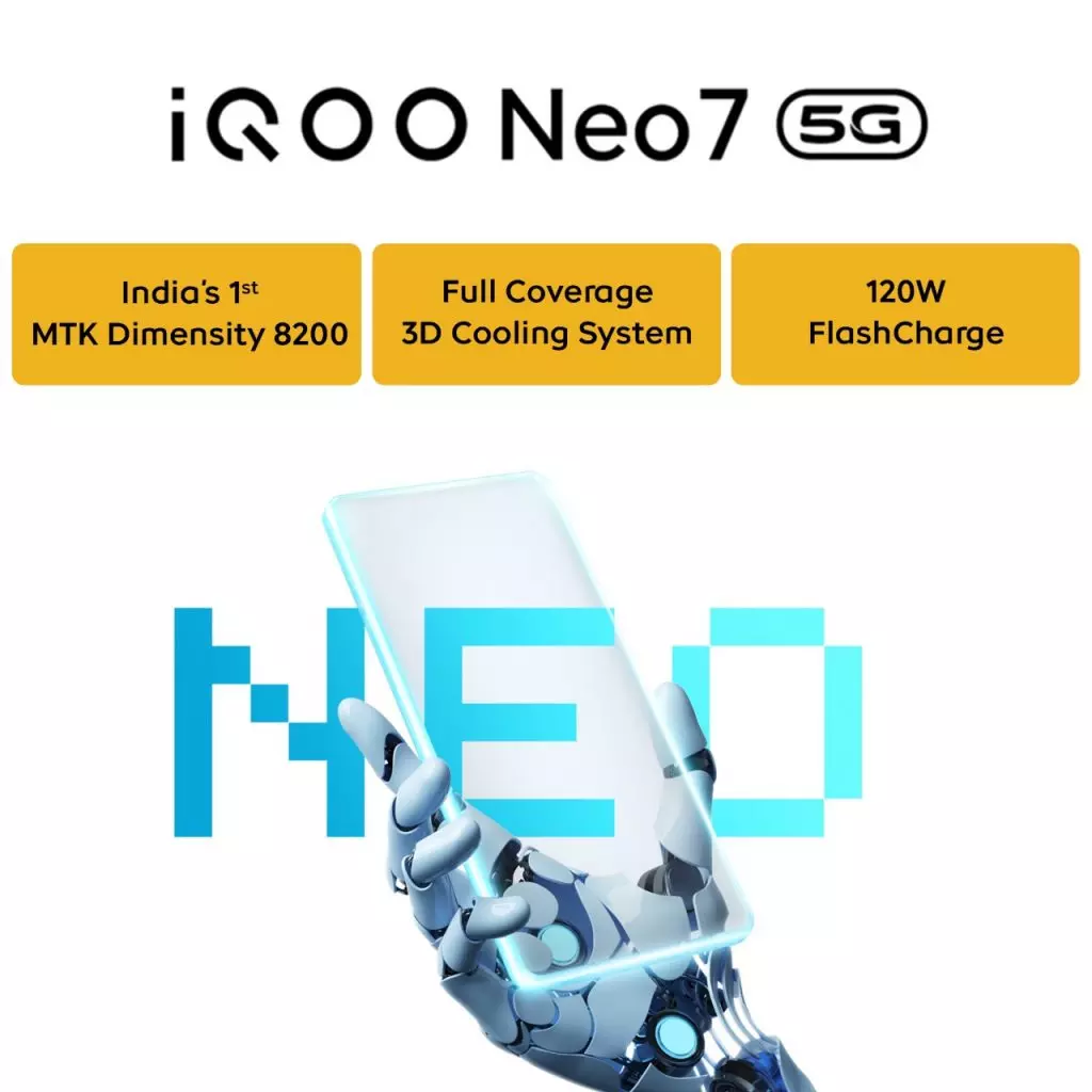 iQoo Neo 7 5G : IQOO ના નવા ફ્લેગશિપ ફોનનું ટીઝર રિલીઝ, ભારતનું પ્રથમ ડાયમેન્સિટી 8200 SoC મળશે.!