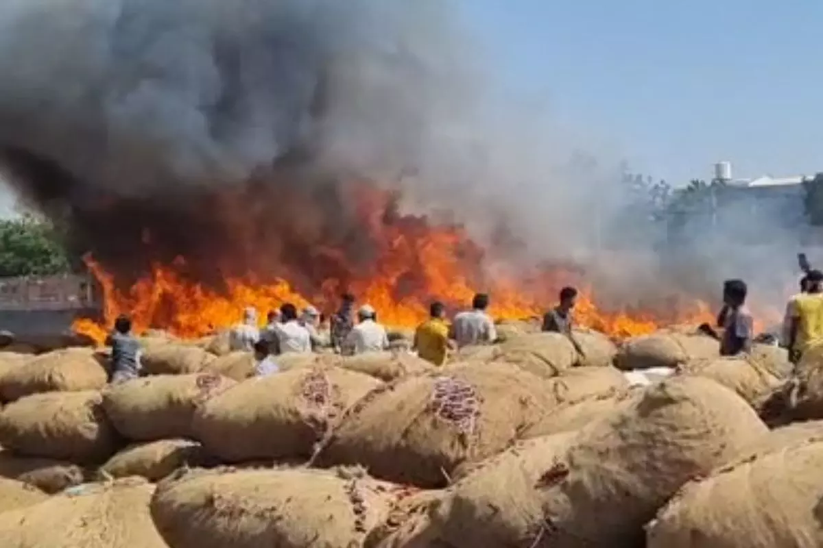 ગોંડલ : માર્કેટિંગ યાર્ડમાં લાગી આગ, મરચાની 2500 ભારી બળીને ખાખ, કરોડોનું નુકસાન