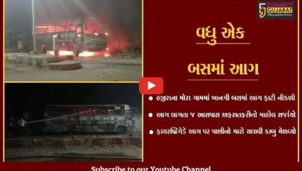 સુરત : હજીરાના મોરા ગામે ખાનગી બસમાં ફાટી નીકળી ભીષણ આગ, કોઈ જાનહાનિ નહીં.