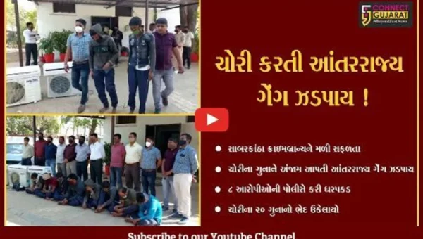 સાબરકાંઠા: ચોરીના ગુનાને અંજામ આપતી આંતરરાજ્ય ગેંગના 8 સાગરીતો ઝડપાયા,ચોરીના 20 ગુનાનો ભેદ ઉકેલાયો