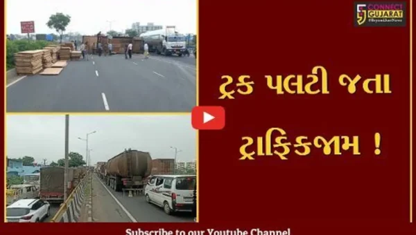વડોદરા: પ્લાયવુડ ભરેલી ટ્રક પલટી, ઓઇલ લીક થવાના કારણે કલાકો સુધી ટ્રાફિકજામ