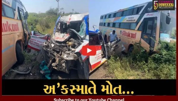 અમરેલી : એમ્બ્યુલન્સ અને ખાનગી બસ વચ્ચે સર્જાયો અકસ્માત, એમ્બ્યુલન્સના ડ્રાઈવર અને દર્દીના સગાનું મોત