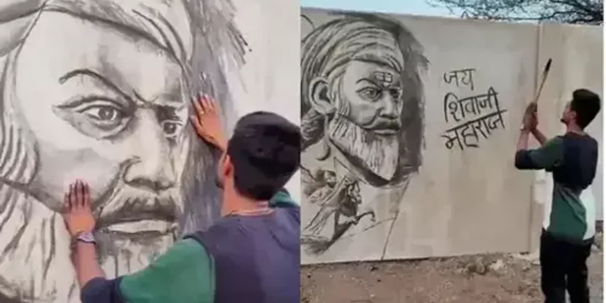 રાજકોટ: યુવાને એક હાથમાં મોબાઈલ અને બીજા હાથથી સળગતી લાકડી લઈ અડધો કલાકમાં શિવાજી મહારાજનું ચિત્ર દોર્યું