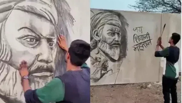 રાજકોટ: યુવાને એક હાથમાં મોબાઈલ અને બીજા હાથથી સળગતી લાકડી લઈ અડધો કલાકમાં શિવાજી મહારાજનું ચિત્ર દોર્યું