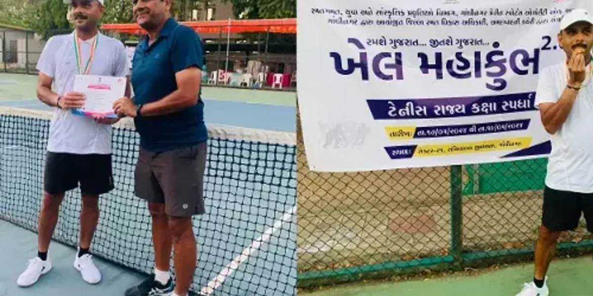 ગાંધીનગર : ખેલ મહાકુંભ અંતર્ગત રાજ્ય કક્ષાની ટેનિસ સ્પર્ધામાં IPS ઓફિસર રવિરાજસિંહ એસ. જાડેજાએ પ્રથમ ક્રમાંક હાંશલ કર્યો