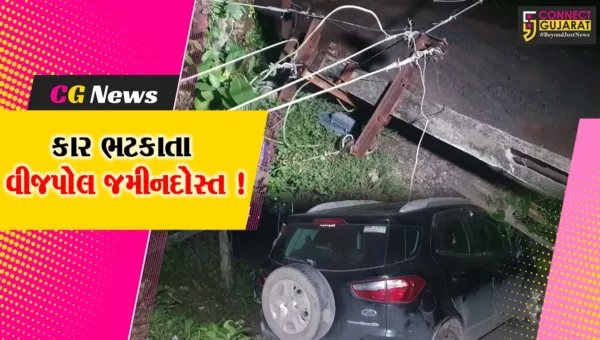 વલસાડ: અબ્રામામાં કાર ભટકાતા 3 વીજ પોલ જમીનદોસ્ત, નજીકમાં ચાલી રહેલ ભંડારામાં નાસભાગ