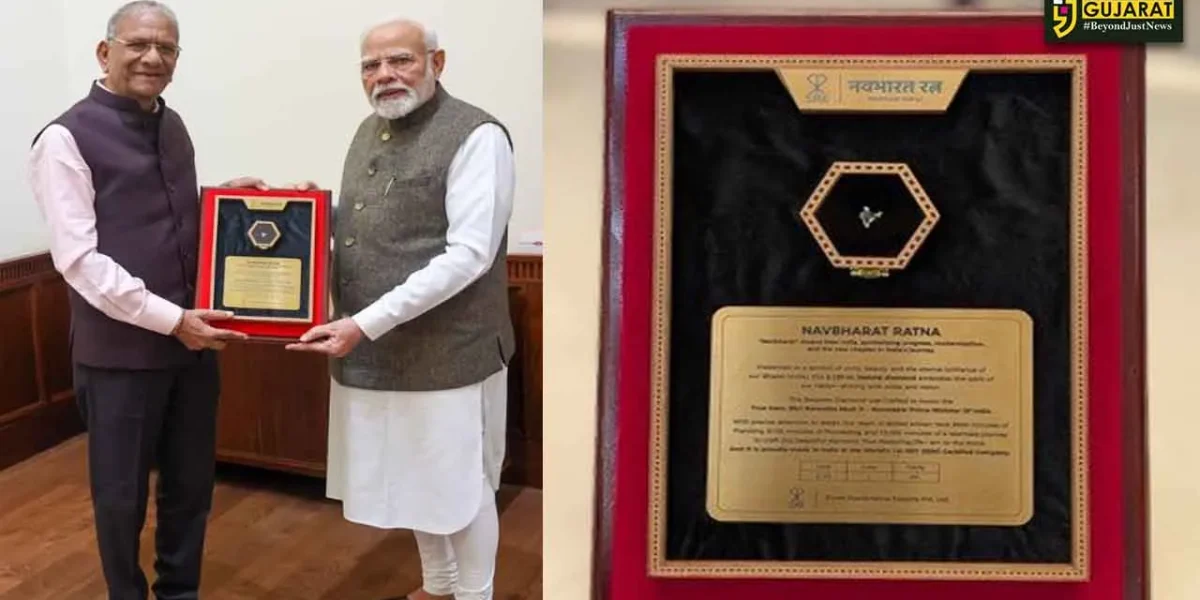 રાજ્યસભાના સાંસદ ગોવિંદ ધોળકિયાએ પ્રધાનમંત્રી મોદીને ડાયમંડનું નવભારત રત્ન અર્પણ કર્યું