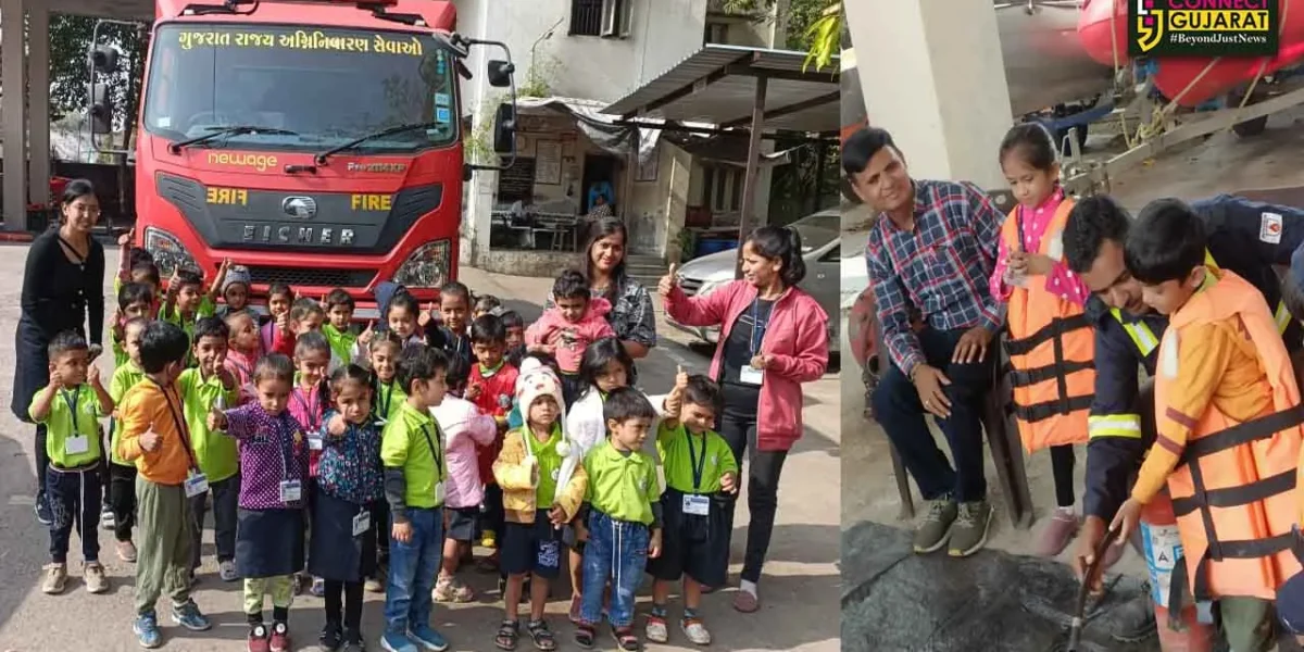 ભરૂચ નગરપાલિકા ફાયર સ્ટેશનની મુલાકાત લેતા લીટલ મિરેકલ પ્રી સ્કૂલના વિદ્યાર્થીઓ