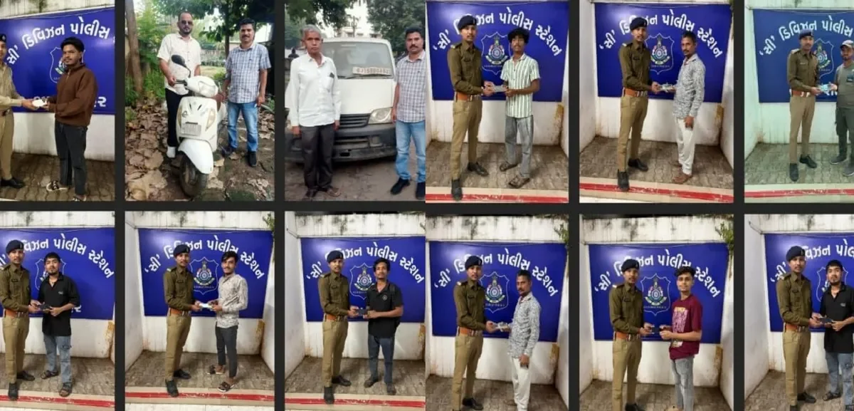 ભરૂચ: સી ડિવિઝન પોલીસે તેરા તુજો અર્પણ અંતર્ગત ગુમ- ચોરી થયેલ  મોબાઈલ અને વાહનો મૂળ માલિકોને પરત કર્યા