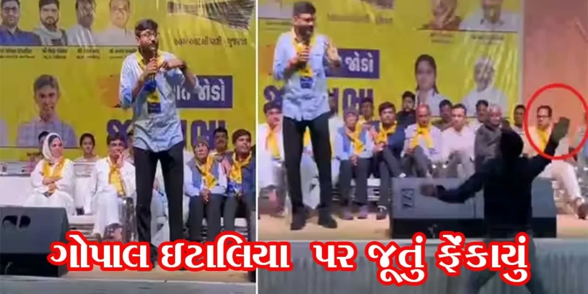 જામનગરમાં ગોપાલ ઇટાલિયા પર જૂતું ફેંકાયું, કોંગી કાર્યકરે સ્ટેજ નજીક આવી જૂતાનો છુટ્ટો ઘા કર્યો,જુઓ વિડિયો