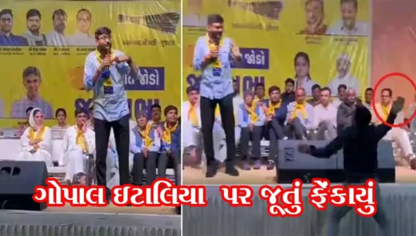 જામનગરમાં ગોપાલ ઇટાલિયા પર જૂતું ફેંકાયું, કોંગી કાર્યકરે સ્ટેજ નજીક આવી જૂતાનો છુટ્ટો ઘા કર્યો,જુઓ વિડિયો