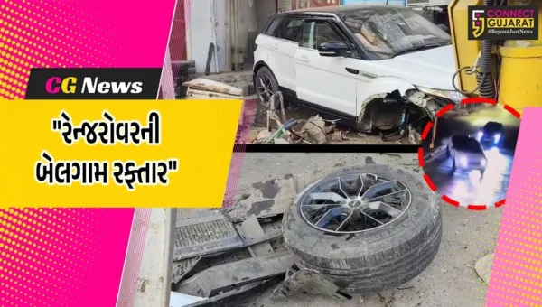 વડોદરા :  રેન્જરોવર કારની બેલગામ રફ્તાર,ડિવાઇડર કુદીને ટ્રાફિક સિગ્નલના પોલ સાથે અથડાઈ,ટાયર છૂટું પડ્યું,કાર છોડી ચાલક ફરાર