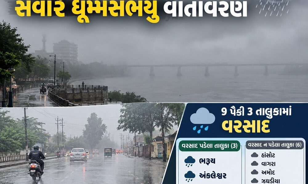 ભરૂચ જિલ્લામાં વરસાદ વચ્ચે સવારે ધૂમ્મસભર્યું વાતાવરણ, 9 પૈકી 3 તાલુકામાં વરસાદ