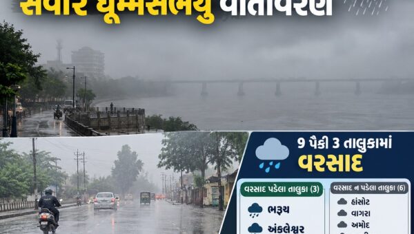 ભરૂચ જિલ્લામાં વરસાદ વચ્ચે સવારે ધૂમ્મસભર્યું વાતાવરણ, 9 પૈકી 3 તાલુકામાં વરસાદ