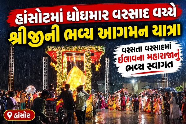 ભરૂચ: હાંસોટમાં ધોધમાર વરસાદ વચ્ચે શ્રીજીની ભવ્ય આગમન યાત્રા, ઇલાવ ગામના મહારાજાનું મેઘરાજા સાથે સ્વાગત કરાયુ