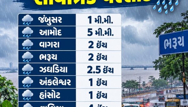 ભરૂચ જિલ્લામાં સતત બીજા દિવસે સાર્વત્રિક વરસાદ, વાલિયામાં સૌથી વધુ 4 ઇંચ