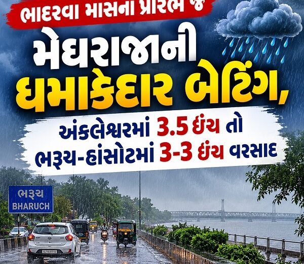 ભરૂચ: ભાદરવા માસના પ્રારંભે જ મેઘરાજાની ધમાકેદાર બેટિંગ,  અંકલેશ્વરમાં 3.5 ઇંચ તો ભરૂચ-હાંસોટમાં 3-3 ઇંચ વરસાદ