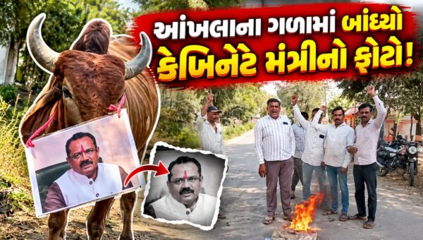 ભાવનગર :  કોંગ્રેસ કાર્યકરોએ નોંધાવ્યો ઉગ્ર વિરોધ,કેબિનેટ મંત્રીનો ફોટો આંખલાના ગળામાં પહેરાવ્યો 